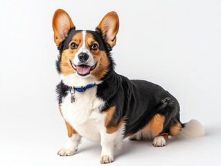 Corgi dog sitting on white background, displaying happy expression. This adorable pet features tricolor coat with distinct markings, showcasing its playful personality