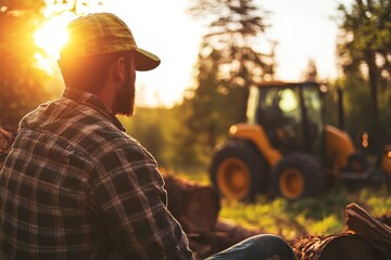 Man Taking a Break Beside Logging Machinery in Morning Light