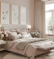 A modern bedroom with a plush bed. soft pink bedding. and a pink wall The room features a decorative plant. a bedside table with a lamp. and two framed botanical prints above the bed