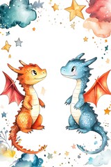 Two colorful dragons in a magical landscape surrounded by stars and clouds perfect for children's illustrations and fantasy themes