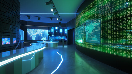 Wall Mural - futuristic blue and green virtual data display, showcasing floating lines of code and neon holograph