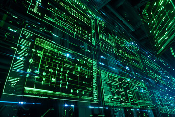 Wall Mural - futuristic blue and green virtual data display, showcasing floating lines of code and neon holograph