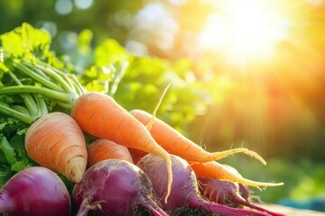 Aufkleber - Freshly harvested carrots, beets, and onions glisten under warm sun rays in a tranquil garden setting during golden hour. Generative AI