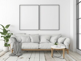 A modern living room interior with a white sofa. two empty frames on the wall. a houseplant. and a side table with a vase