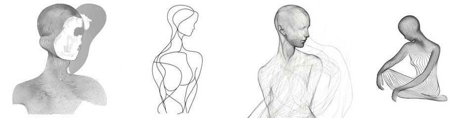 Stylized sketches of human figures on a white background, showcasing various poses and artistic expressions.