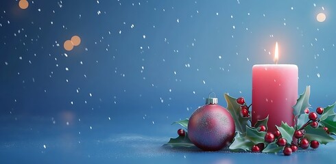 Wall Mural - 3D rendering of a Christmas decoration with a candle and snow balls on a blue background. Christmas concept