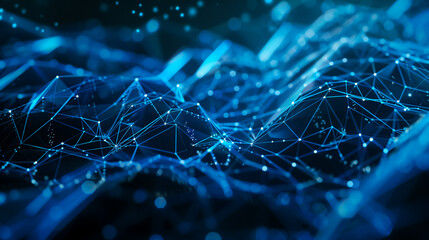 Wall Mural - An abstract futuristic technology background with polygonal shapes on a dark blue backdrop, perfect for digital technology concepts. This 3D illustration captures the essence 