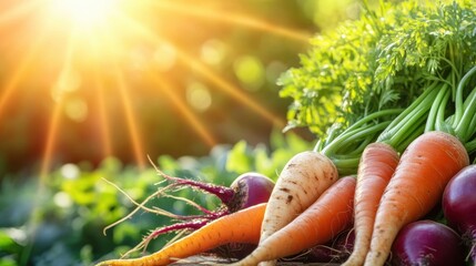 Aufkleber - Freshly harvested carrots, beets, and onions glisten under warm sun rays, showcasing colors in a thriving garden on a bright day. Generative AI