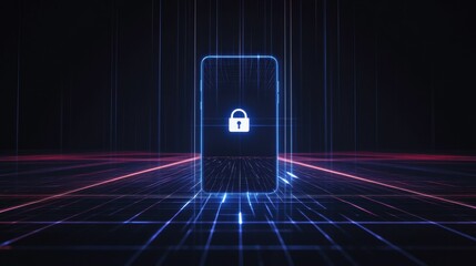 Leinwandbilder - The smartphone shows a lock icon on its screen, representing security in a digital world with glowing lines in the background. Generative AI