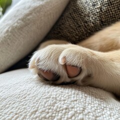 A beautiful close-up of a puppy's paw resting on a soft pillow, highlighting its tiny, delicate features