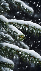 Close-up of snow-covered pine branches against a dark background.