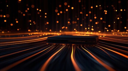 Fototapete - A central router is surrounded by network cables and illuminated lines, creating a vibrant and abstract digital landscape. Generative AI