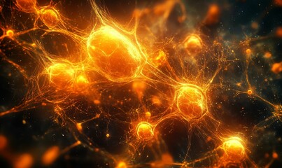 Abstract glowing orange orbs connected by webs.