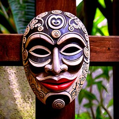 Wall Mural - A traditional wooden mask with intricate carvings and a red painted smile, hanging on a wooden lattice.