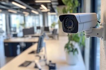 Poster - A surveillance camera is installed in a modern office, overseeing workstations filled with plants, ensuring safety and security during business hours. Generative AI