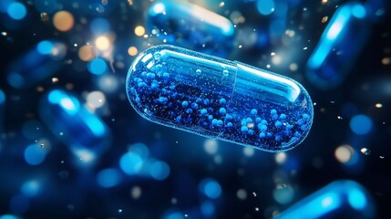 A mesmerizing scene featuring floating blue capsules surrounded by sparkling effects. The dreamy ambiance creates a surreal atmosphere, perfect for backgrounds, wellness, and science-related conc