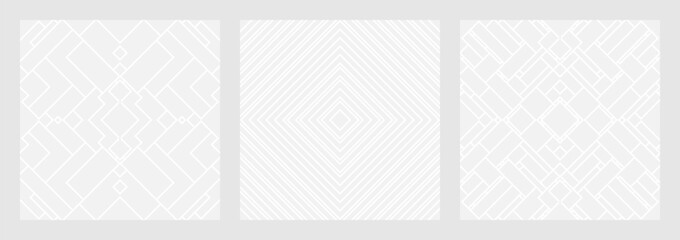 Set of seamless gray ornaments of diamonds, squares, lines for creating fabric and wallpaper, easy background for Christmas card. Geometric white figures in fashionable retro style, patterns for cover