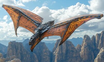 Wall Mural - A futuristic aircraft flies over a mountain range.