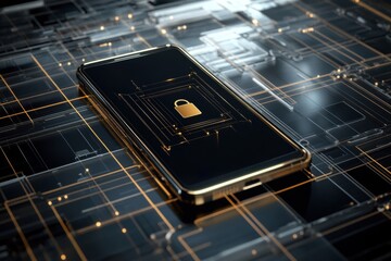 Leinwandbilder - A smartphone is shown with a prominent lock icon on its screen, surrounded by a digital grid design indicative of secure data technology. Generative AI