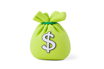 3D render plasticine money bag icon with dollar sign, isolated on white background