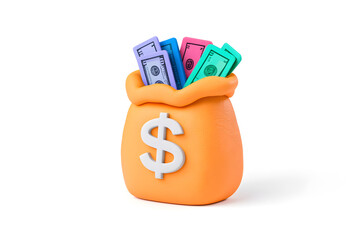 3D render plasticine money bag icon with dollar sign, isolated on white background