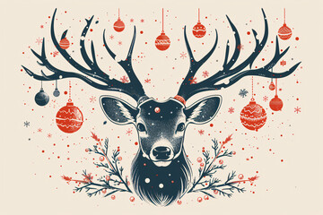 Retro style illustration. Silhouette deer's head wearing Christmas light garlands, decorated for New Year. Wild animal concept for vintage design Xmas greeting card wallpaper banner poster