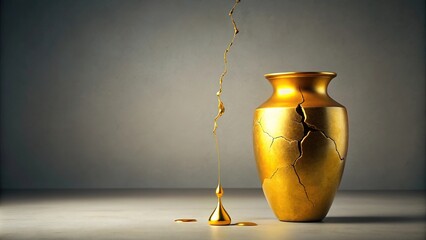 Yellow liquid dripping from a cracked golden vase, museum, delicate