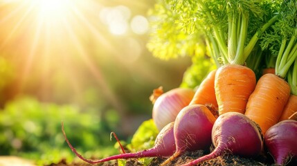 Aufkleber - Freshly harvested carrots, beets, and onions bask in warm sunlight, showcasing vibrant colors and earthy textures in a garden. Generative AI