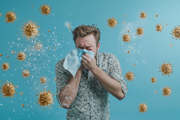 man with a common cold, sneezing and covering hid mouth with one arm, surrounded by a representation of coronavirus or flu particles in an isolated pastel blue background. 