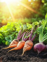 Aufkleber - Bright sun rays illuminate freshly harvested carrots, beets, and onions resting on rich soil, showcasing their vibrant colors and textures. Generative AI