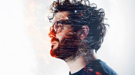 software developer double-exposure portrait  isolated on a white background