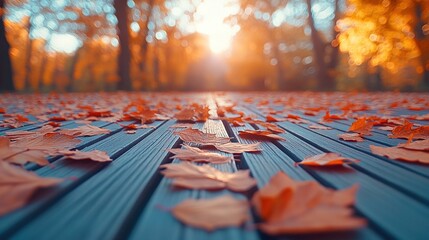 Sticker - Fallen leaves on a wooden walkway in an autumn forest with a sunset in the background.