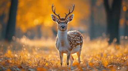 Wall Mural - Majestic fallow deer standing in golden autumn forest at sunset