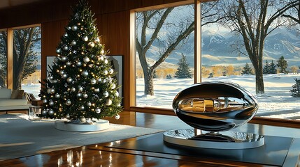 Poster - Elegant christmas tree illuminates modern living space with scenic view