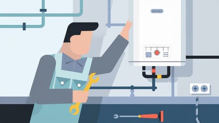 Plumber worker repairs broken water heater using wrench in modern flat design style