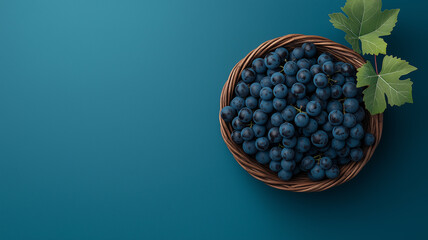 basket filled with ripe Zymaskas grapes sits on vibrant teal background, accompanied by fresh green leaves