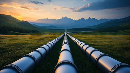 realistic scene of pipeline infrastructure extending through vast green landscape with mountains in background, under vibrant sunset sky