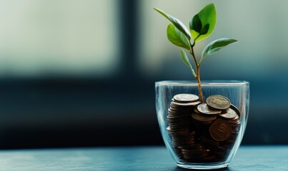 Wall Mural - Plant growing on coins, symbolizing financial growth and sustainability