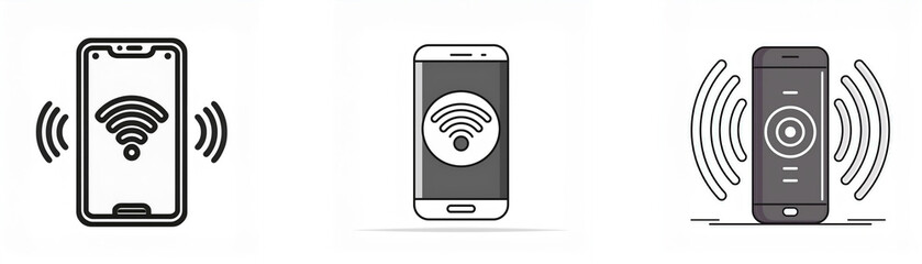 Fototapete - Three smartphones in black and white, each with a wifi icon and wireless signal.