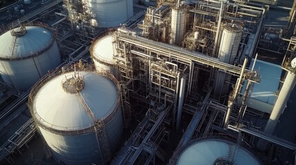 Large tanks and pipelines in a gas processing plant, showcasing an industrial perspective on fuel refinement