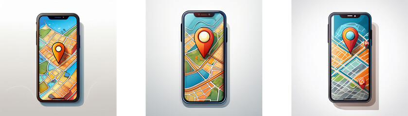Poster - Three smartphones with different maps on their screens showing a red pin marker on a location.