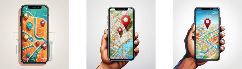 Fototapete - A hand holds a smartphone displaying a map application with multiple location pins.