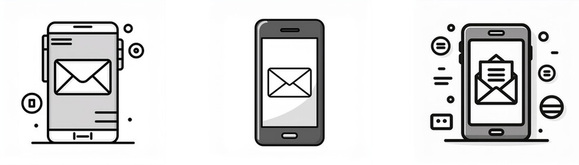 Fototapete - Three simple black and white illustrations of smartphones with an email icon on their screen.