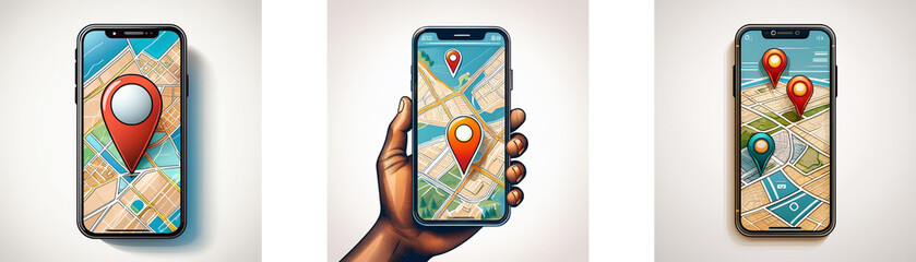 Fototapete - A smartphone displaying a map app with red location pins.