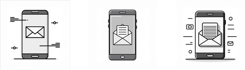 Aufkleber - Three different illustrations of a smartphone with an open envelope icon.