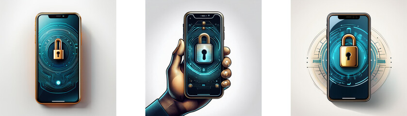 Three images of smartphones with a padlock symbol on the screen. The padlock is gold and closed.