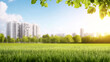 © Pual GotoMars - vibrant green field under clear blue sky, with modern buildings in background. scene captures peaceful and eco friendly residential area, perfect for relaxation