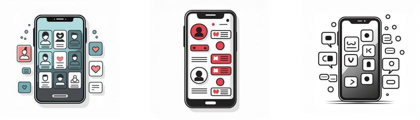 Aufkleber - Three smartphones with various apps and icons displayed on their screens.