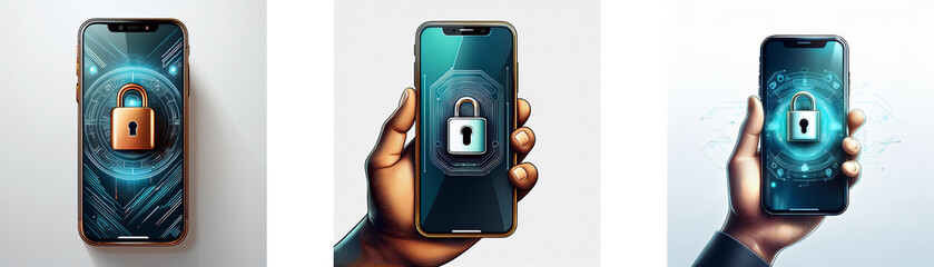 Fototapete - Three smartphones with lock icons on their screens are held by hands.