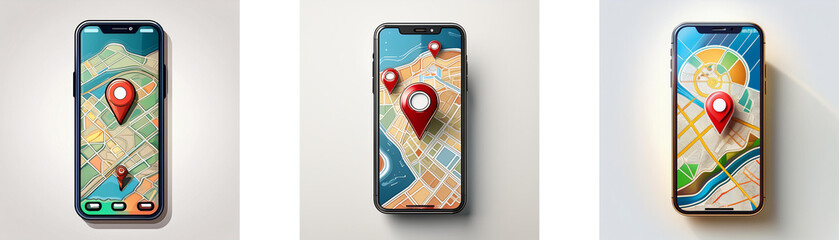Poster - Three smartphones with map applications, each with one or more red location pins.
